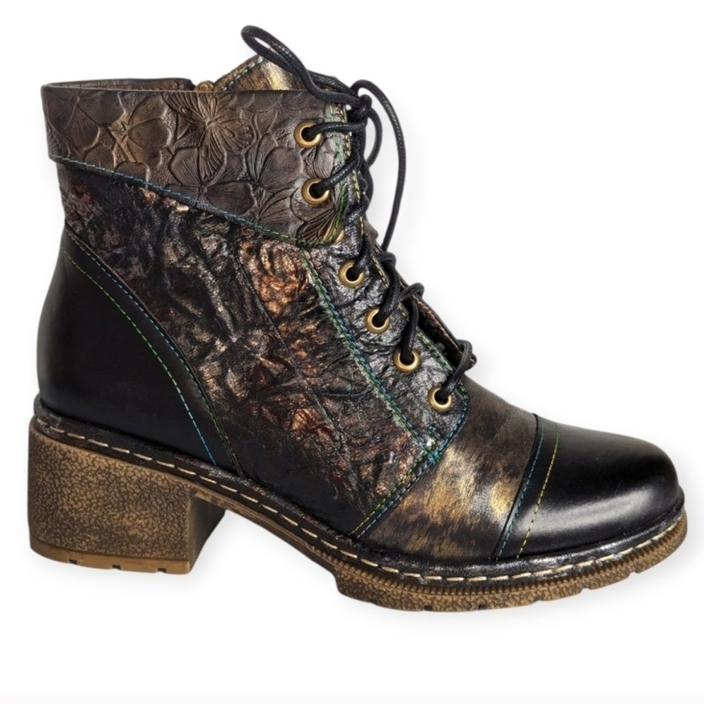 L'Artiste Spring Step Fallinluv Leather Lace-Up Boots Metallic Black 36‎ / 5.5-6